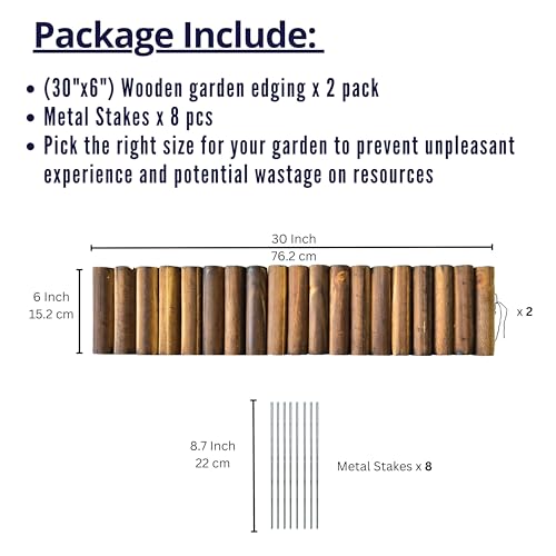 LáLáGreen LaLaGreen Decorative Garden Edging Border (30"x6", 2 Pack) Small Brown Wooden Fence Panels with Metal Stakes, Flowers Bed Landscape Fencing for Lawn Yard Patio Pathway Outdoor Decor Tree Rings Barrier - Image 2