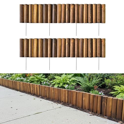LáLáGreen LaLaGreen Decorative Garden Edging Border (30"x6", 2 Pack) Small Brown Wooden Fence Panels with Metal Stakes, Flowers Bed Landscape Fencing for Lawn Yard Patio Pathway Outdoor Decor Tree Rings Barrier - Image 1
