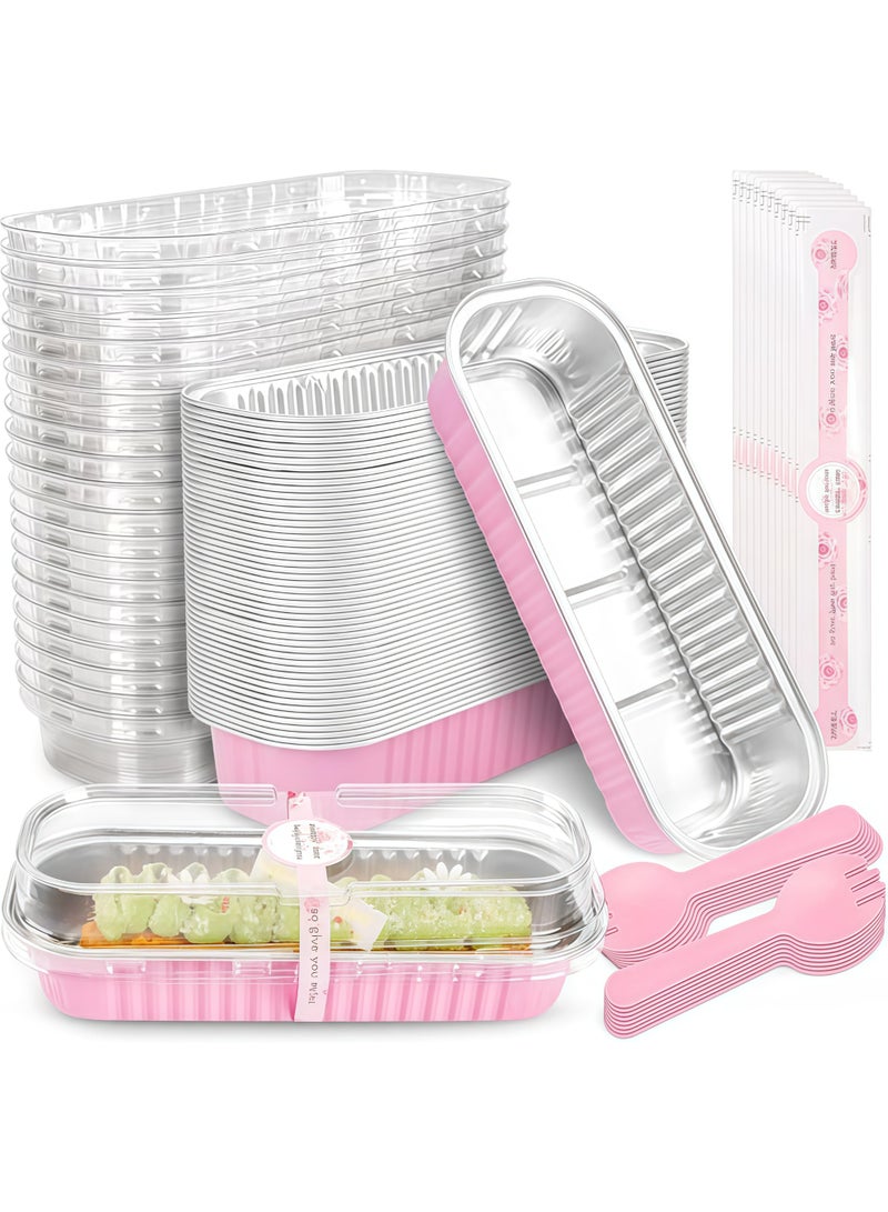 100 Pack Mini Loaf Pans with Lids and Spoons Sealing Sticker, 6.8oz Mini Cake Pans for Baking, Disposable Aluminum Foil Loaf Pans, Loaf Baking Pans, Small Cake Containers With Lids - Image 1