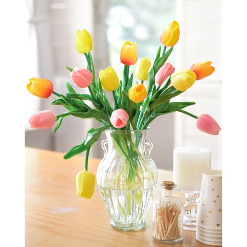 FiveSeasonStuff 15 Stems Real Touch Artificial Tulips – Lifelike Faux Flowers for Home, Weddings, Gifts & Spring Floral Décor (Festive Bloom – Orange, Yellow, Pink) - Image 4
