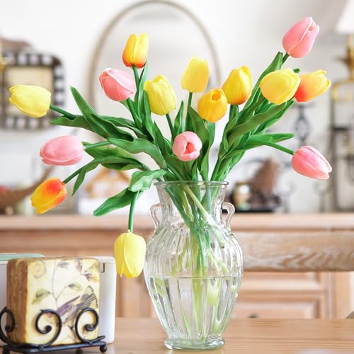 FiveSeasonStuff 15 Stems Real Touch Artificial Tulips – Lifelike Faux Flowers for Home, Weddings, Gifts & Spring Floral Décor (Festive Bloom – Orange, Yellow, Pink) - Image 2