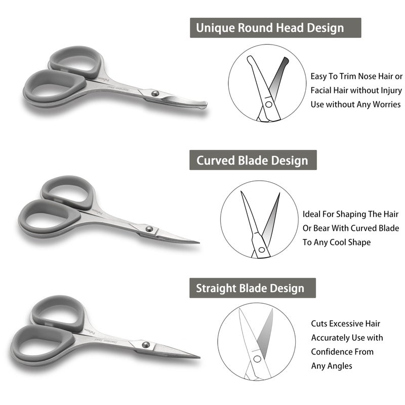 PAFASON Ultra Sharp Beard Scissor Set, High Precision Straight Curved Round Tip Mustache Facial Nose Hair Trimming Tool, Stainless Steel, Safety Case, Premium Leather Pouch - Image 3