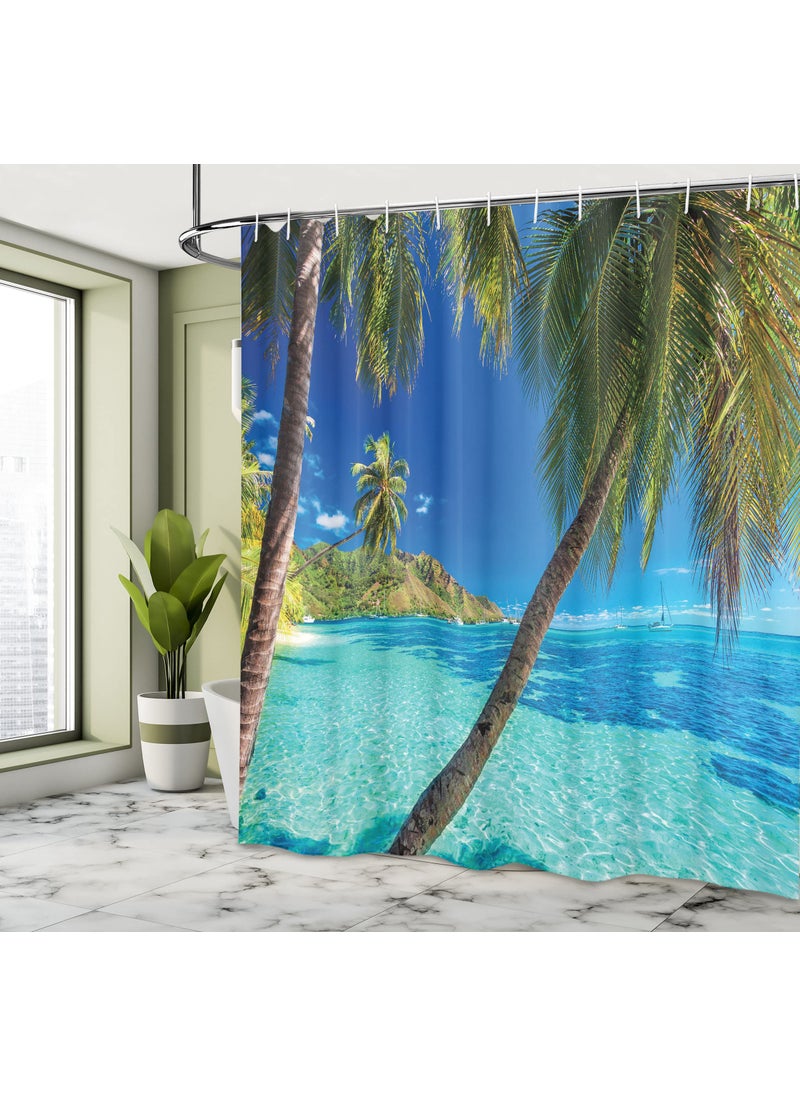 Ambesonne Ocean Shower Curtain  Image of a Tropical Island with The Palm Trees and Clear Sea Beach Theme Print  Fabric Bathroom Decor Set with Hooks  70 Inches  Turquoise Blue
