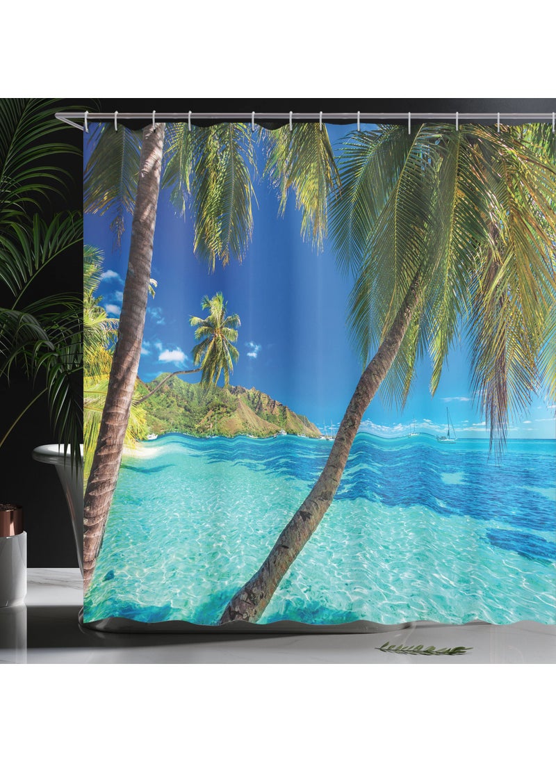 Ambesonne Ocean Shower Curtain  Image of a Tropical Island with The Palm Trees and Clear Sea Beach Theme Print  Fabric Bathroom Decor Set with Hooks  70 Inches  Turquoise Blue