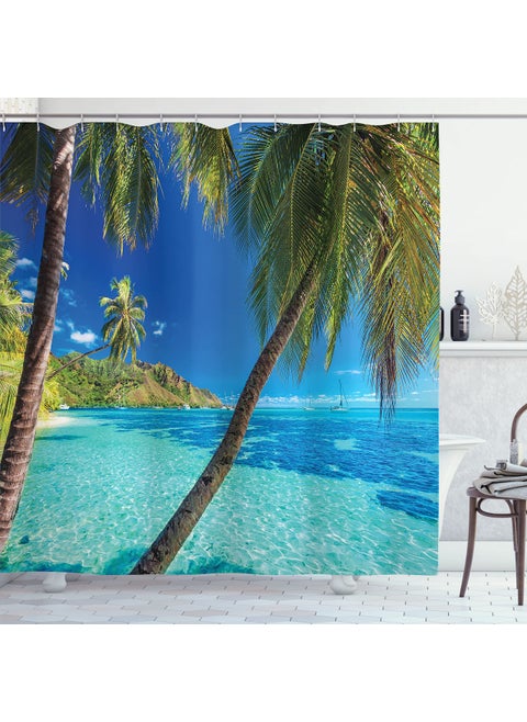Ambesonne Ocean Shower Curtain  Image of a Tropical Island with The Palm Trees and Clear Sea Beach Theme Print  Fabric Bathroom Decor Set with Hooks  70 Inches  Turquoise Blue