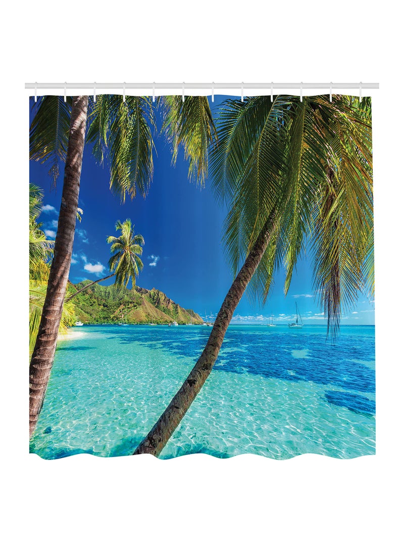 Ambesonne Ocean Shower Curtain  Image of a Tropical Island with The Palm Trees and Clear Sea Beach Theme Print  Fabric Bathroom Decor Set with Hooks  70 Inches  Turquoise Blue