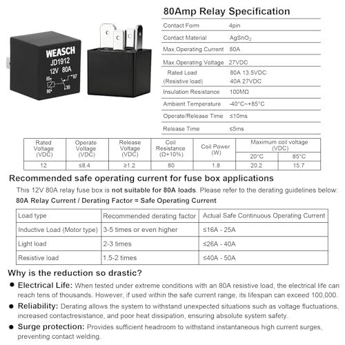 Weasch 12V Pre-Wired Fuse Relay Box, 4-Pin 80A Relay Block and Kit, 2 Relays and 6 ATC/ATO Blade Fuses, for Cars Truck Marine Boat Jeep - Image 4