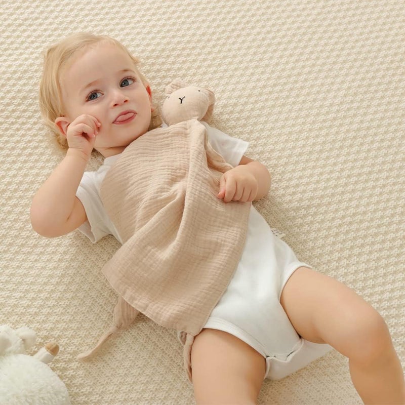 insular Bunny Lovey Blanket for Boys and Girls Organic Cotton Muslin Security Blanket for Babies Soft Breathable Lovie Soothing Towel for Newborn and Infant 2 Pcs Set KhakiPink - Image 2