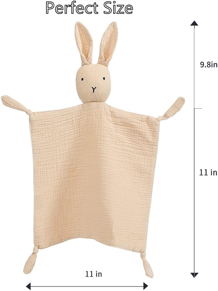 insular Bunny Lovey Blanket for Boys and Girls Organic Cotton Muslin Security Blanket for Babies Soft Breathable Lovie Soothing Towel for Newborn and Infant 2 Pcs Set KhakiPink - Image 3