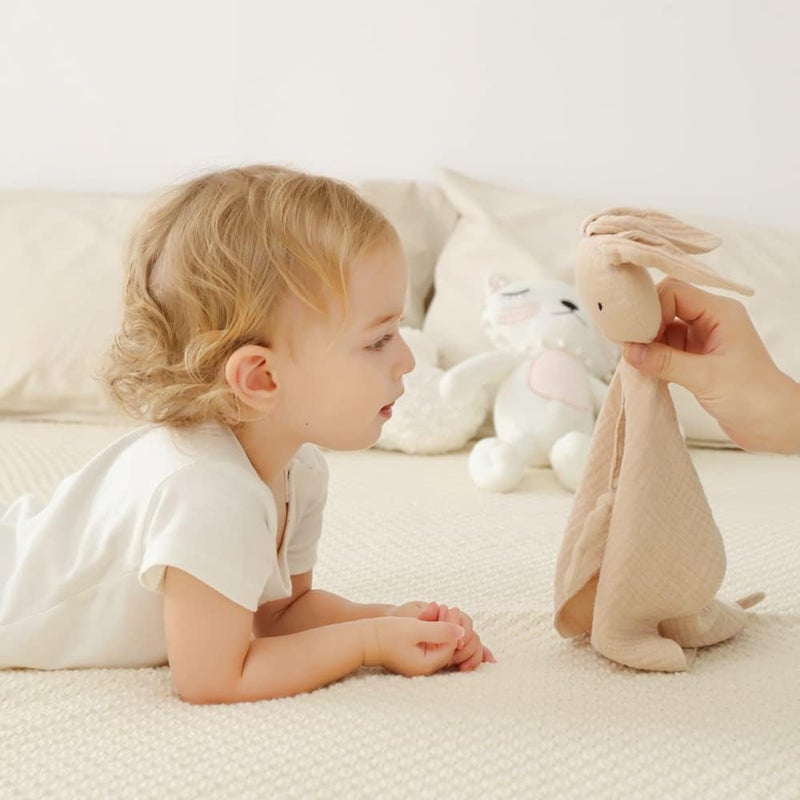 insular Bunny Lovey Blanket for Boys and Girls Organic Cotton Muslin Security Blanket for Babies Soft Breathable Lovie Soothing Towel for Newborn and Infant 2 Pcs Set KhakiPink - Image 4