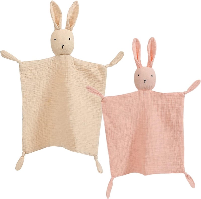 insular Bunny Lovey Blanket for Boys and Girls Organic Cotton Muslin Security Blanket for Babies Soft Breathable Lovie Soothing Towel for Newborn and Infant 2 Pcs Set KhakiPink - Image 1
