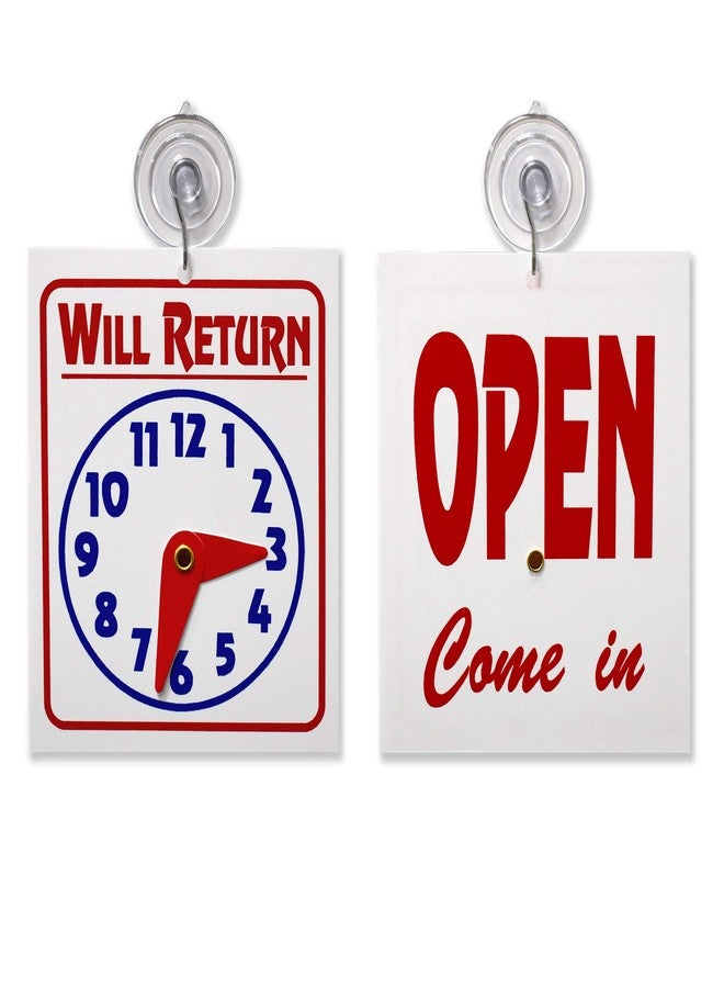 Store Fixtures Direct Double Sided "Will Return" Clock and "Open Come in" Sign with Adjustable Clock Hands & Suction Cup, 1 Unit - Image 1