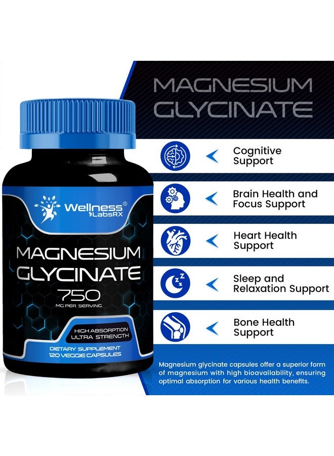 WELLNESS LABSRX Magnesium Glycinate Capsules - 750mg | 120 Count, Magnesium Supplement for Women and Men - Pure Complex Glicinato De Magnesio, High Absorption, Heart Health, Sleep Supplement - Image 3