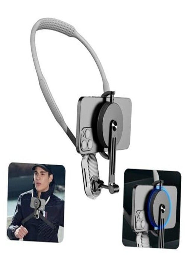 Magnetic Neck Mount for Phones, Cell Phone Holder Stand Hanging on Neck POV/Vlog Selfie Hand Free Necklace Phone Strap Video Recording for iPhone 15 14 13 12 Series Android Phones (Grey) - Image 1