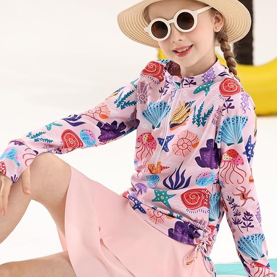 Vogseek Kids Pink Two Pieces Swimwear for Girls Summer Hawaiian Beach Bathing Suits 3D Printed Leaves Long Sleeve Rash Guard Swimsuits 8 10 Girl's Sun Protection Shorts UPF 50+ Shirts Swim Pool Holiday Wear - Image 2