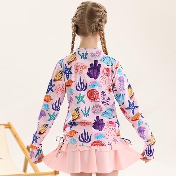 Vogseek Kids Pink Two Pieces Swimwear for Girls Summer Hawaiian Beach Bathing Suits 3D Printed Leaves Long Sleeve Rash Guard Swimsuits 8 10 Girl's Sun Protection Shorts UPF 50+ Shirts Swim Pool Holiday Wear - Image 3