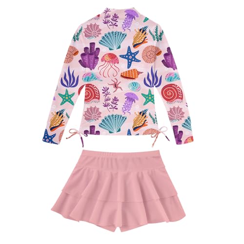 Vogseek Kids Pink Two Pieces Swimwear for Girls Summer Hawaiian Beach Bathing Suits 3D Printed Leaves Long Sleeve Rash Guard Swimsuits 8 10 Girl's Sun Protection Shorts UPF 50+ Shirts Swim Pool Holiday Wear - Image 4