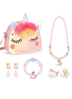 Unicorn Crossbody Bag for Girls with Matching Jewelry Set - Princess Necklace, Bracelet, Rings & Earrings - Perfect Dress-Up Accessories & Party Favors Gift