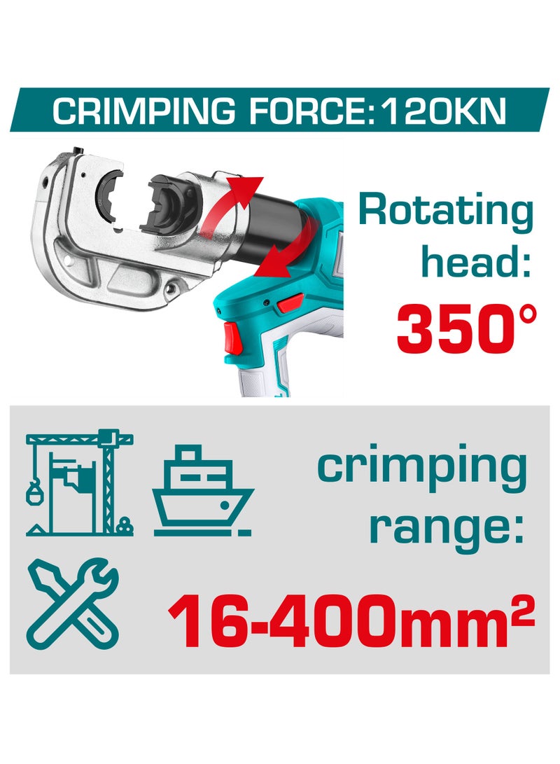 TOTAL 20V Cordless Hydraulic Crimping Tool (120KN Force) - 16-400mm² Professional Power Crimper with LED Usage Display, 12 Crimping Dies, 2x 5.0Ah Batteries & 4A Fast Charger - TCTLI2005 - Image 2