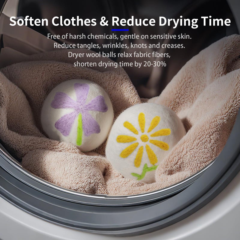 Qiseec Wool Dryer Balls 6-Pack XL - Unique Petal Embroidery, Natural Reusable Laundry Fabric Softener, Reduces Wrinkles & Drying Time, Hypoallergenic & Leaves Fabrics Naturally Soft and Fluffy - Image 3