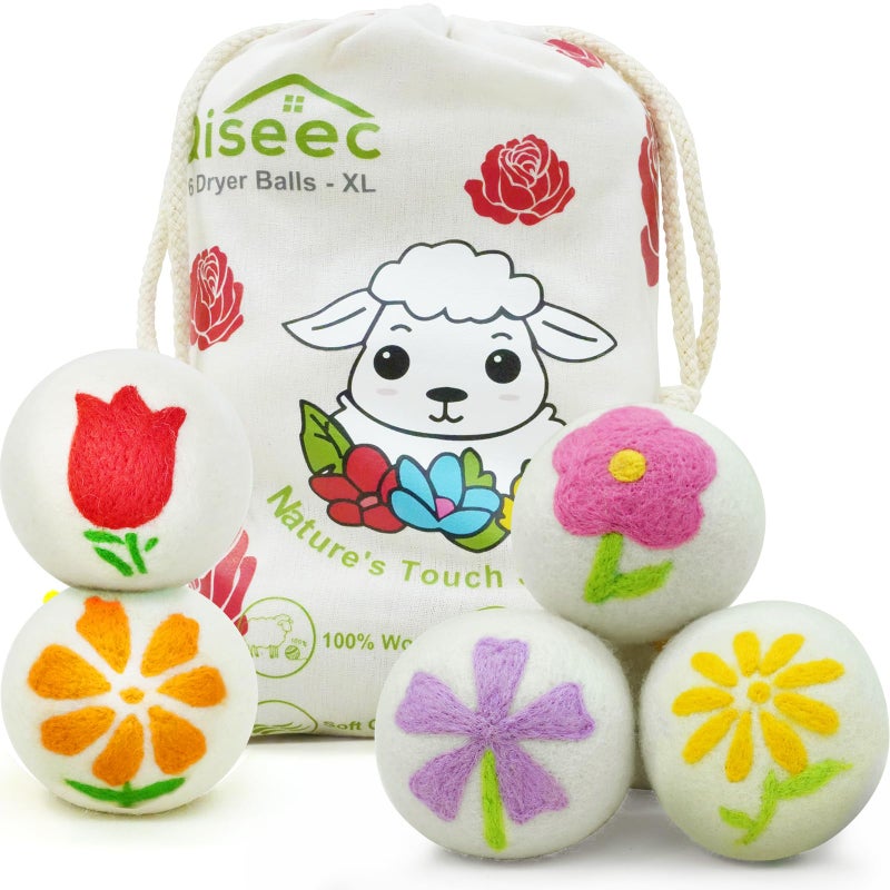 Qiseec Wool Dryer Balls 6-Pack XL - Unique Petal Embroidery, Natural Reusable Laundry Fabric Softener, Reduces Wrinkles & Drying Time, Hypoallergenic & Leaves Fabrics Naturally Soft and Fluffy - Image 1