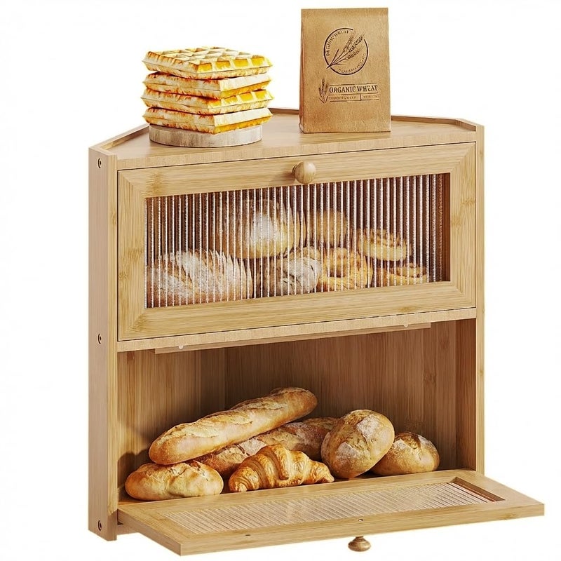 BAMBANG Corner Bread Box for Kitchen Countertop, Double Layer Bamboo Bread Storage Container with Wavy Windows, Farmhouse Large Bread Bin, Wooden Breadbox Holder for Homemade Bread, Natural - Image 1