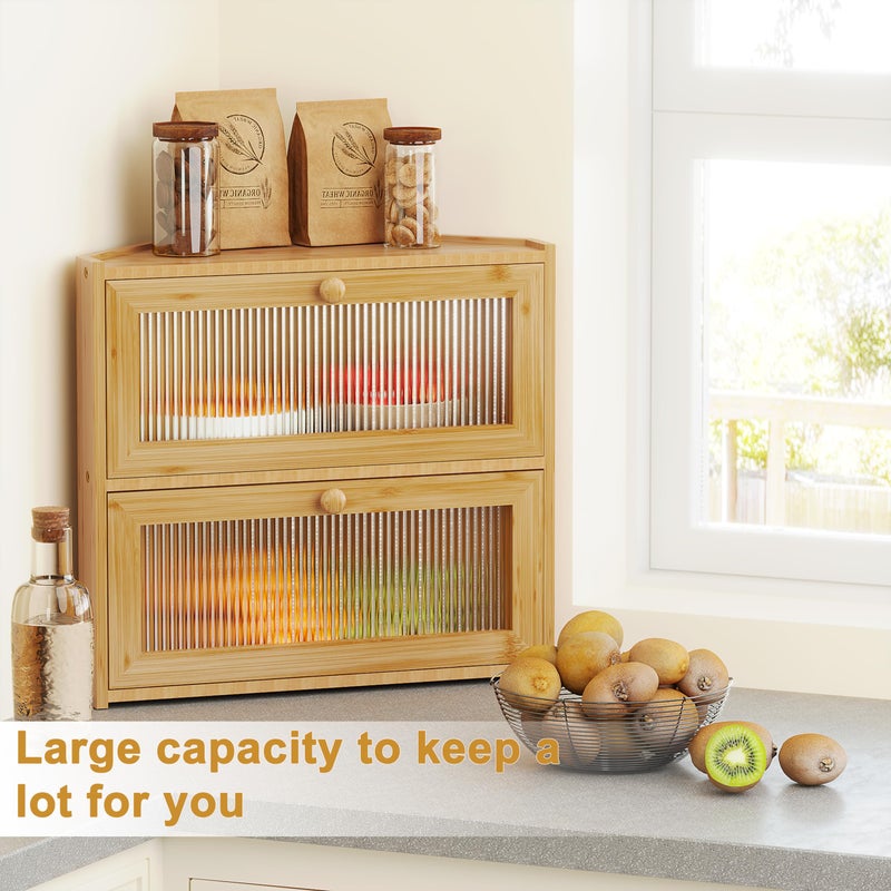BAMBANG Corner Bread Box for Kitchen Countertop, Double Layer Bamboo Bread Storage Container with Wavy Windows, Farmhouse Large Bread Bin, Wooden Breadbox Holder for Homemade Bread, Natural - Image 5