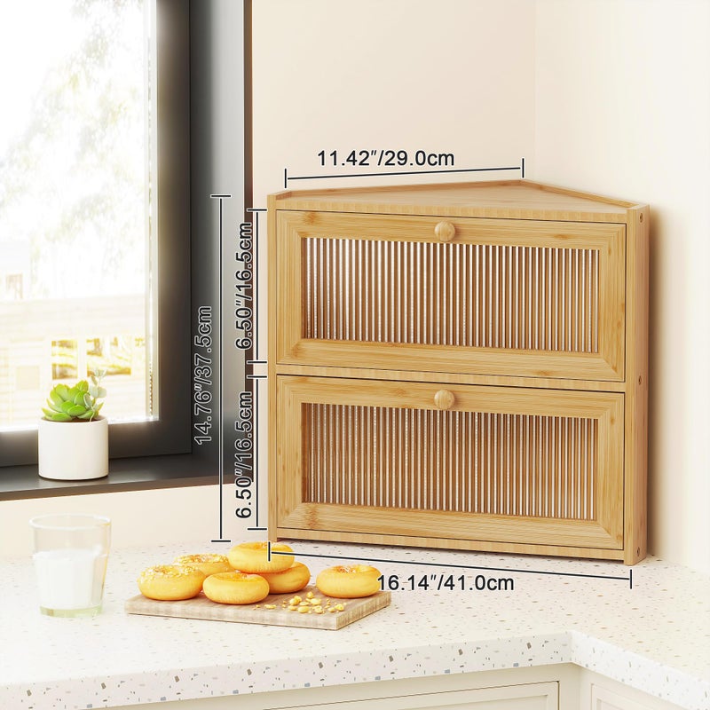 BAMBANG Corner Bread Box for Kitchen Countertop, Double Layer Bamboo Bread Storage Container with Wavy Windows, Farmhouse Large Bread Bin, Wooden Breadbox Holder for Homemade Bread, Natural - Image 2