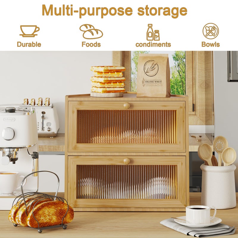 BAMBANG Corner Bread Box for Kitchen Countertop, Double Layer Bamboo Bread Storage Container with Wavy Windows, Farmhouse Large Bread Bin, Wooden Breadbox Holder for Homemade Bread, Natural - Image 4