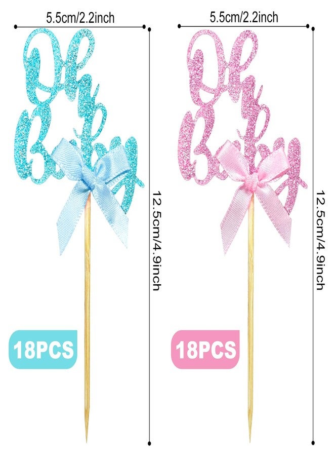 rolyta 36 Pieces Pink Blue Bow Oh Baby Cupcake Toppers, Glitter Baby Shower Cupcake Picks Decorations for Celebrating Baby Shower Boys Girls Kids Birthday Theme Party Cake Decorations Supplies - Image 2