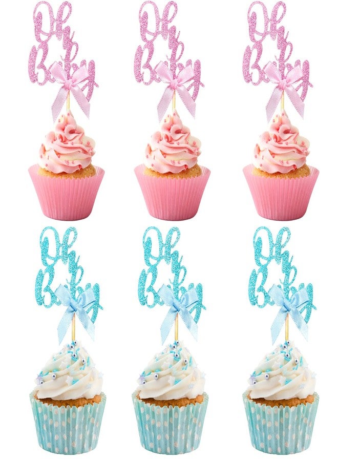rolyta 36 Pieces Pink Blue Bow Oh Baby Cupcake Toppers, Glitter Baby Shower Cupcake Picks Decorations for Celebrating Baby Shower Boys Girls Kids Birthday Theme Party Cake Decorations Supplies - Image 1
