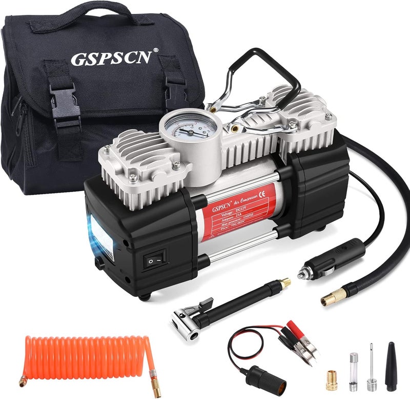 GSPSCN Portable Tire Inflator Double Cylinder Air Compressor Pump with LED Light, 12V Air Pump for Car Tires, 150 PSI Heavy-Duty Metal Tire Pump - Image 1