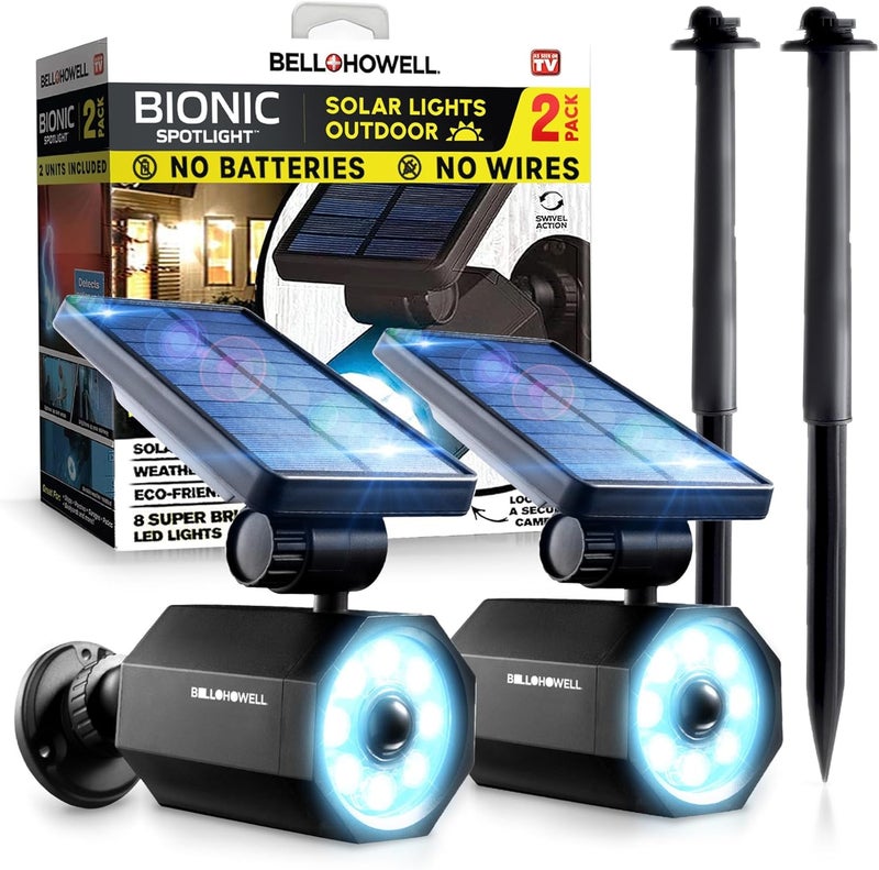 BELLHOWELL أضواء بيوتيك سبوت لايت LED بالطاقة الشمسية - ضوء سبوت يعمل بالطاقة الشمسية مع مستشعر حركة بمدى 25 قدم - إضاءة خارجية مقاومة للماء ومقاومة للصقيع - كما تم عرضه على التلفاز (أصلي، مجموعة من 2) - Image 1