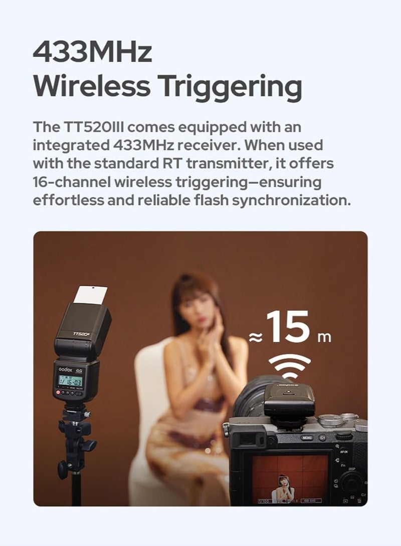 كاميرا فلاش TT520III، تيراد 1.8 ثانية، 400 فلاش بقوة كاملة، مستقبل ومرسل RT مدمج لكانون، نيكون، باناسونيك، أوليمبوس، بنتاكس وغيرها من كاميرات DSLR (بدون TTL، ترقية TT520II) - Image 2