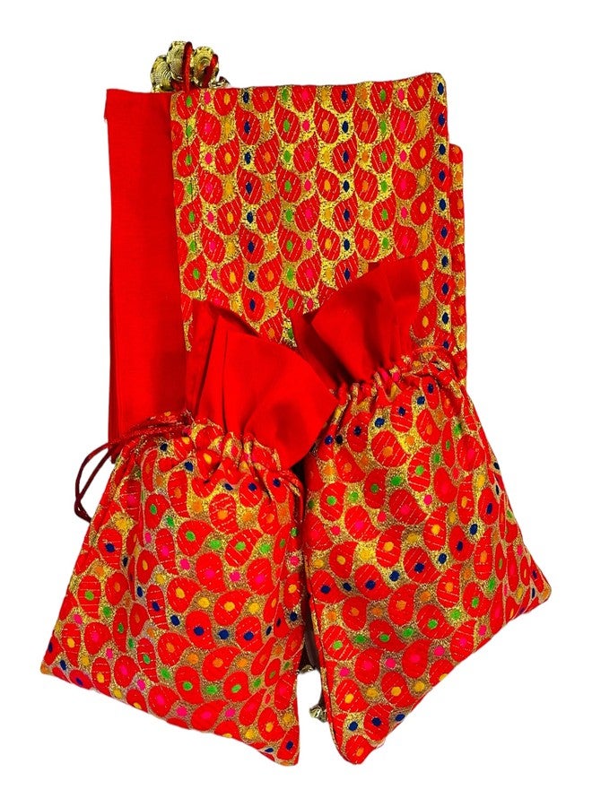 KRIWIN Pack of 5 pcs Big Size Brocade Red Potli Gift Bags (23 X 18 cm) 500 gr capacity (RED) - Image 1