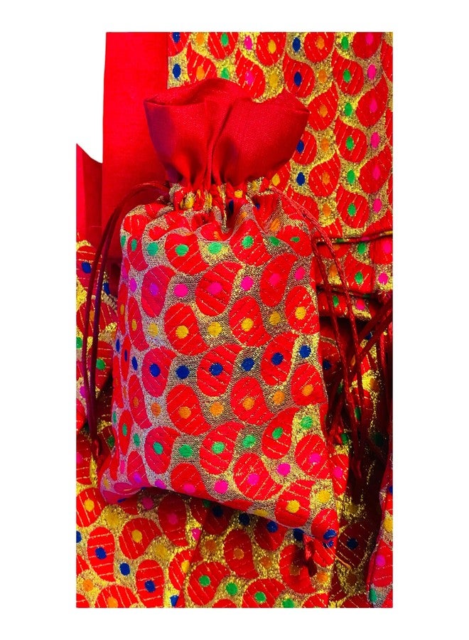 KRIWIN Pack of 5 pcs Big Size Brocade Red Potli Gift Bags (23 X 18 cm) 500 gr capacity (RED) - Image 5