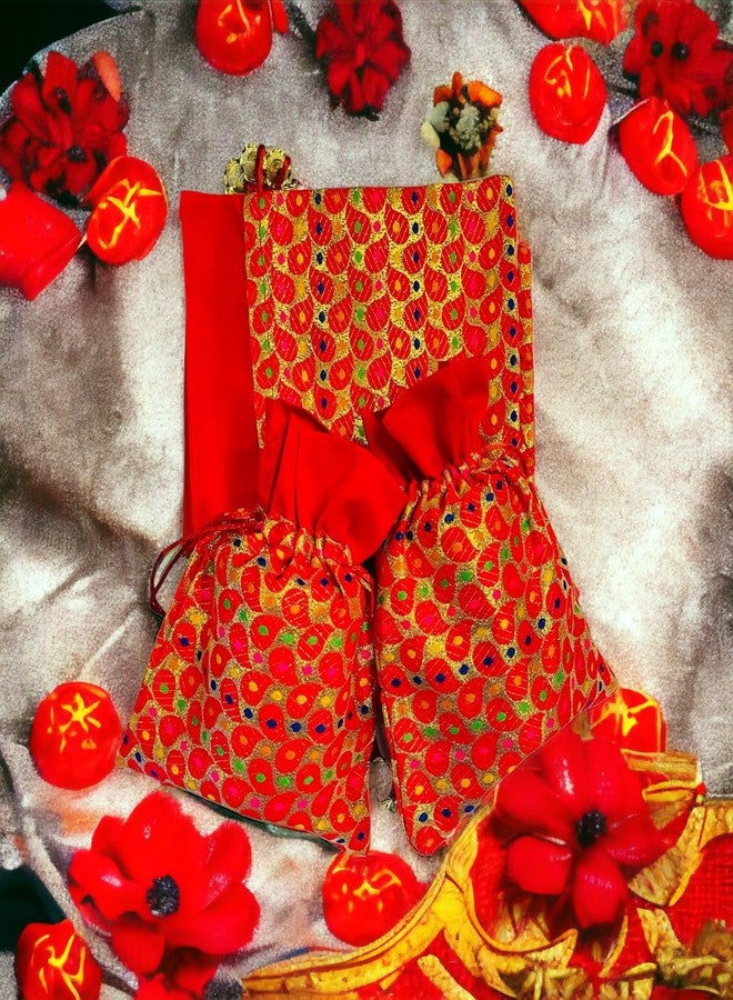 KRIWIN Pack of 5 pcs Big Size Brocade Red Potli Gift Bags (23 X 18 cm) 500 gr capacity (RED) - Image 4