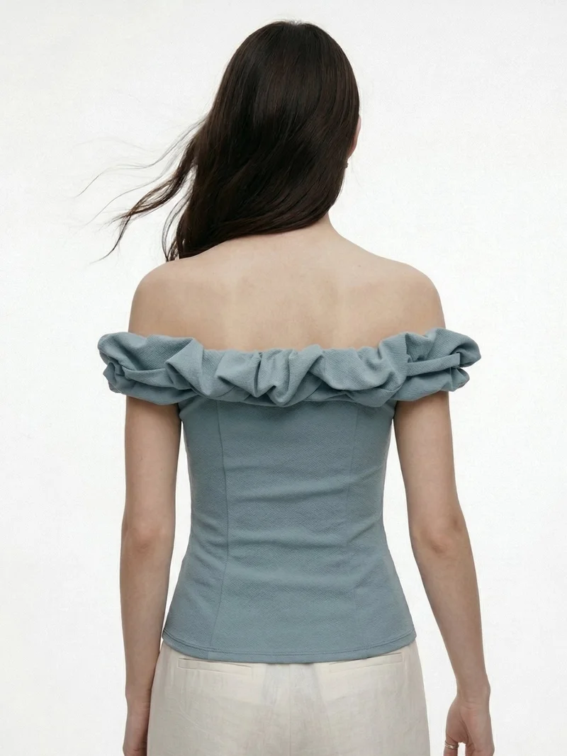 Outzidr  Teal Off-Shoulder Thick Ruffled Top for Women | Best Price UAE