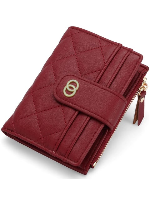 Minimalist Small Zipper Wallets for Women, Slim Bifold PU Leather Credit Card Holder Wallets With ID Window, Ladies Clutch Purses Mini Coin Purse, Red
