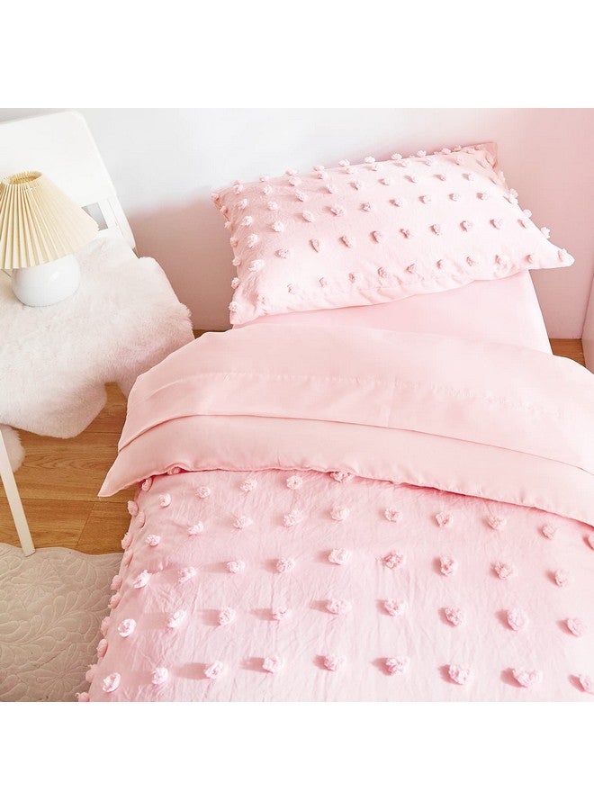 Flysheep 4 Pieces Tufted Dots Toddler Bedding Set Solid Pink Jacquard Pom Pom Tufts, Soft and Embroidery Shabby Chic Boho Design for Baby Girls, Includes Comforter, Flat Sheet, Fitted Sheet and Pillowcase - Image 4