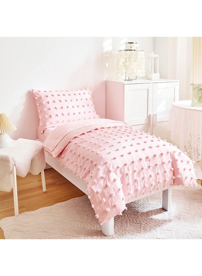 Flysheep 4 Pieces Tufted Dots Toddler Bedding Set Solid Pink Jacquard Pom Pom Tufts, Soft and Embroidery Shabby Chic Boho Design for Baby Girls, Includes Comforter, Flat Sheet, Fitted Sheet and Pillowcase - Image 2