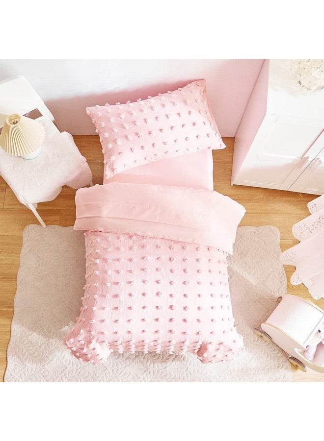 Flysheep 4 Pieces Tufted Dots Toddler Bedding Set Solid Pink Jacquard Pom Pom Tufts, Soft and Embroidery Shabby Chic Boho Design for Baby Girls, Includes Comforter, Flat Sheet, Fitted Sheet and Pillowcase - Image 3