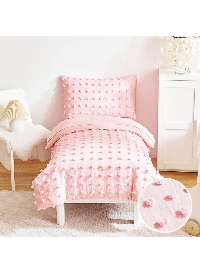 Flysheep 4 Pieces Tufted Dots Toddler Bedding Set Solid Pink Jacquard Pom Pom Tufts, Soft and Embroidery Shabby Chic Boho Design for Baby Girls, Includes Comforter, Flat Sheet, Fitted Sheet and Pillowcase - Image 1