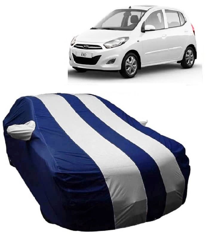 Carigiri White and Navy Blue Car Body Cover for Hyundai i10(Triple Stitched,Mirror Pockets,UV Resistant,Dustproof)(Models-2007, 2008, 2009, 2010, 2011, 2012) - Image 1