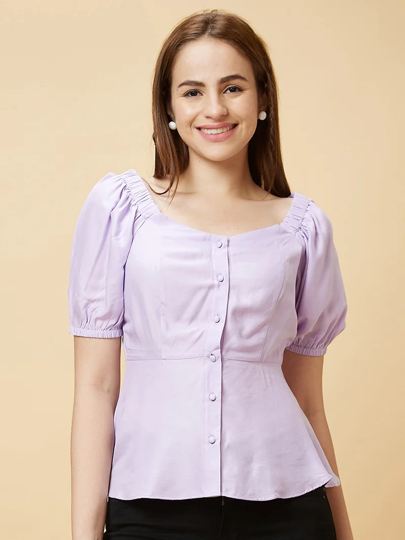 globus Women Square Neck Puff Sleeves Peplum Top