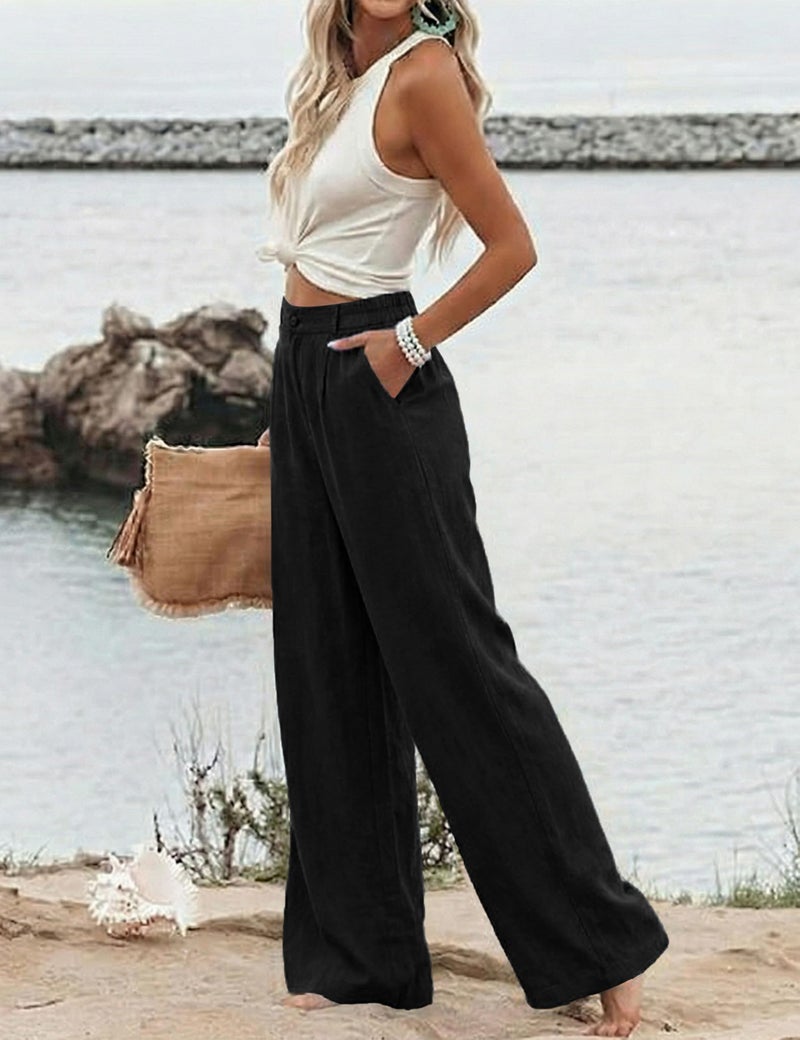 Hooever Womens Cotton Linen Pants Casual Button Up High Waisted Wide Leg Trousers(Black-Medium) - Image 2
