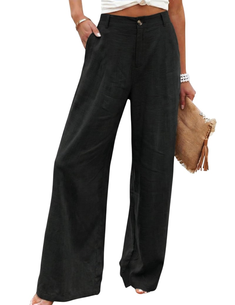 Hooever Womens Cotton Linen Pants Casual Button Up High Waisted Wide Leg Trousers(Black-Medium) - Image 1