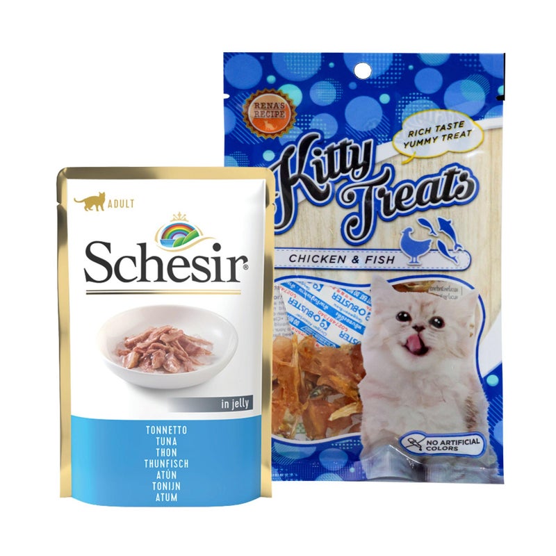 Schesir Tuna in Jelly Cat Wet Food Pouch (85g) + Kitty Treats Spiral Soft Chicken & Fish (25g) | Nutritious Meal & Treat Combo | Real Ingredients | High Protein | Ideal for Adult Cats - Image 1