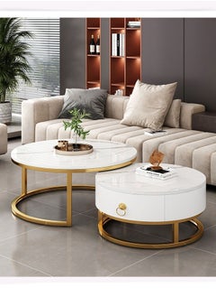 NKX Set Of 2 Modern Round Coffee Table With Top Marble Stone and Metal Frame  - Image 3