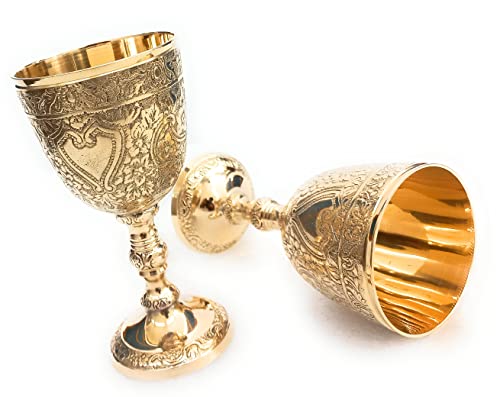ALADEAN Vintage Chalice Medieval Goblet | 1x Solid Brass 6" Royal Wine Glass Cups 7oz - Renaissance Gifts Wedding Anniversary Novelty Ceremonial Drinkware Pack of 1pc (Roman Chalice) - Image 1